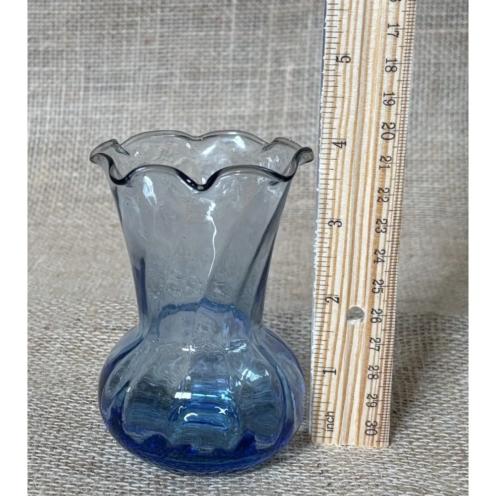 Vintage Miniature Blue Base Tint Vase Ruffle Trim Blown Glass Coastal Fairy Core